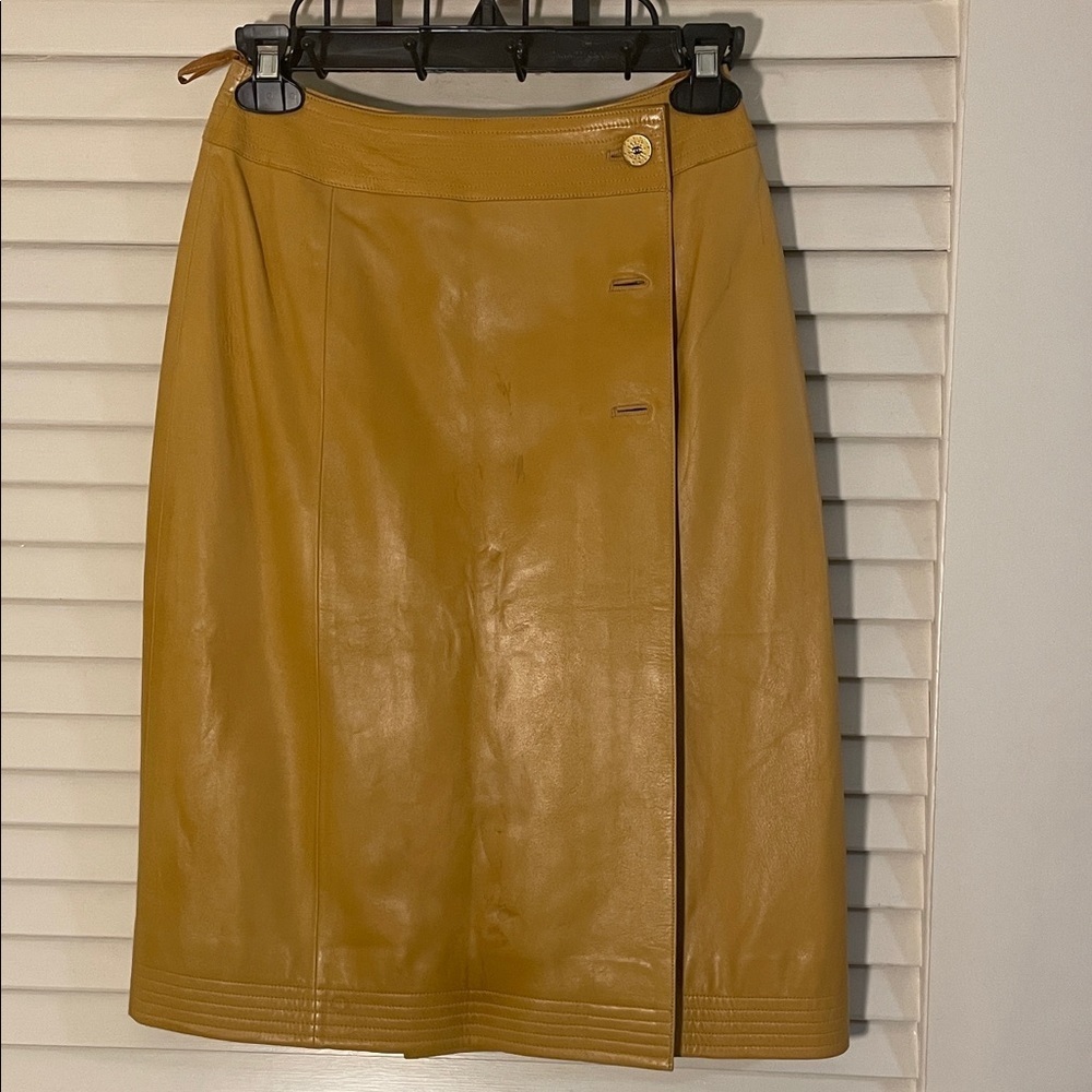 CHANEL Never Worn Damaged Mustard Leather Pencil Skirt 3 Button Circa 2010